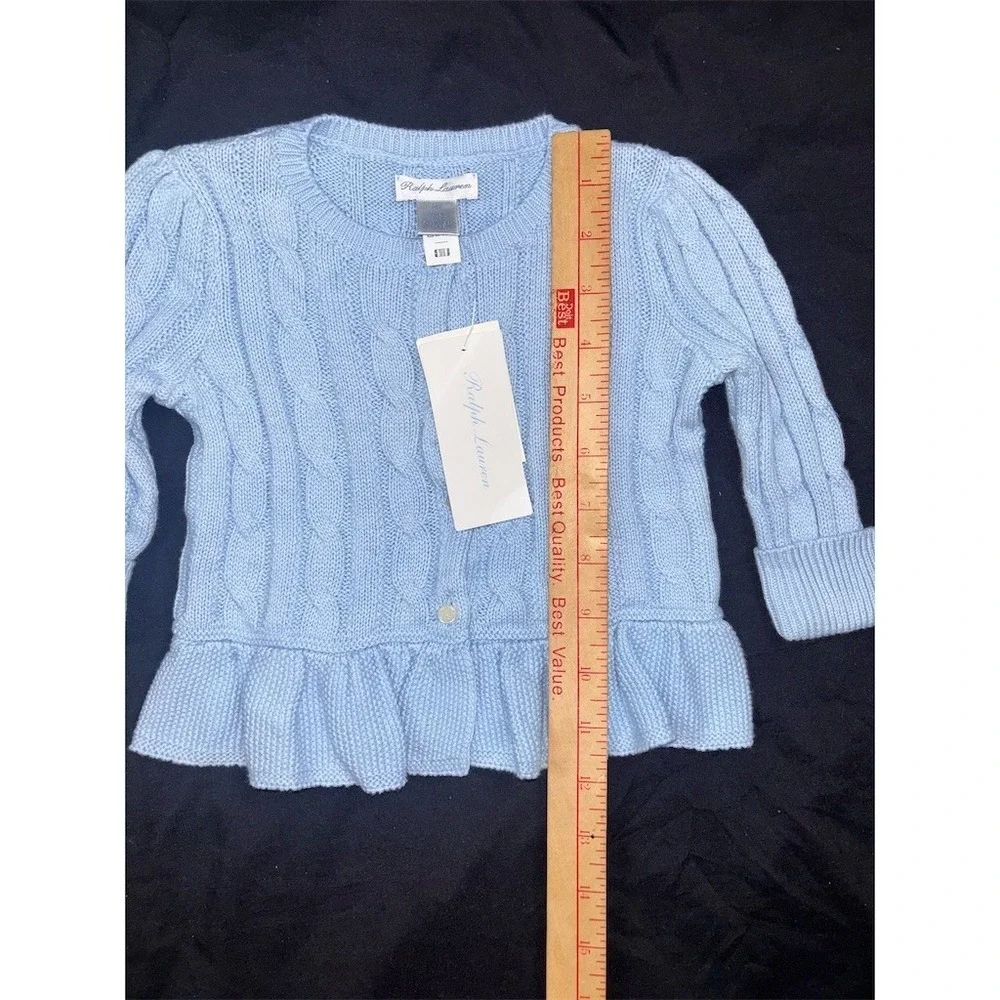 Ralph Lauren Baby Girls Cardigan Sweater Blue Cable Knit Peplum 9M polo pony NWT